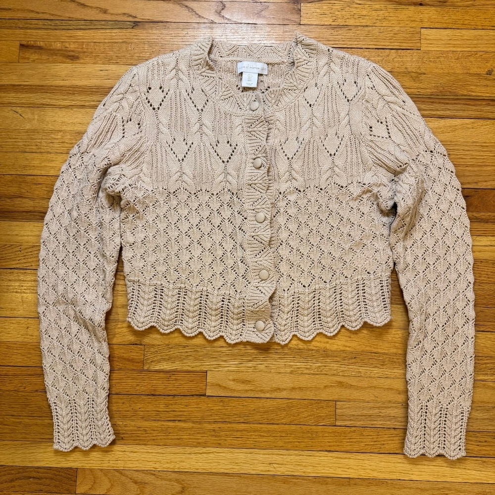 House of Harlow 1960 Beige Pointelle Knit Cropped Cardigan Sweater Womens Large